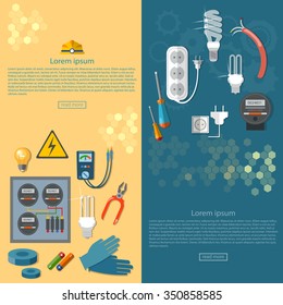 Electricity banners electrician tools installation of electric meter vector illustration 