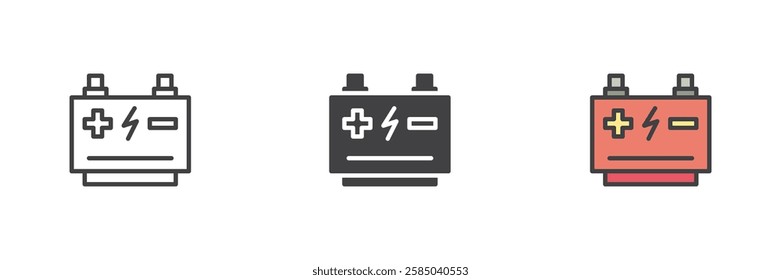 Electricity battery different style icon set. Line, glyph and filled outline colorful version, outline and filled vector sign. Symbol, logo illustration. Vector graphics