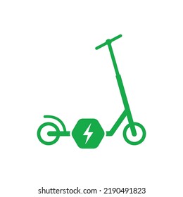 Electricity Battery Kick Scooter Flat Symbol. Electronic Kick Scooter Green Silhouette Icon. Electrical Power Push Wheel Bike Glyph Pictogram. Eco Handle E Transport. Isolated Vector Illustration.