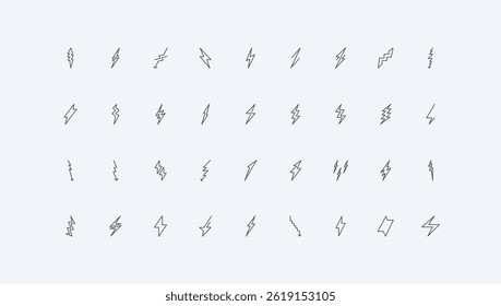 Electricity and battery recharge sign, arrow thin black outline symbols vector illustration. Lightnings of different shape, instant bolt of energy strike and electric charge line icon set