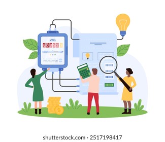 Pago de la factura de electricidad, inspección de las lecturas del medidor eléctrico. Pequeñas personas comprueban con lupa la factura de servicios públicos digitales para pagar por kilovatio de Ilustración vectorial de dibujos animados de consumo de electricidad