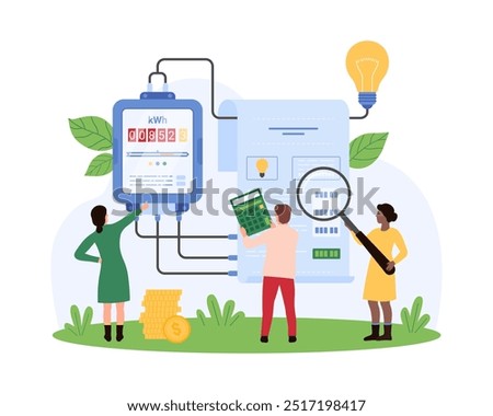 Electricity bill payment, inspection of electric meter readings. Tiny people check with magnifying glass digital utility bill to pay per kilowatt of electricity consumption cartoon vector illustration