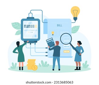 Ilustración vectorial de inspección y pago de factura de electricidad. Viñetas de caricatura de personas pequeñas con lupa y calculadora para comprobar las lecturas del medidor eléctrico, pagar por kilovatio y consumo de energía