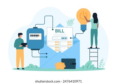 Electricity bill, payment for invoice. Tiny people press power button on light bulb, man and woman check electric meter to pay for electricity consumption and save energy cartoon vector illustration