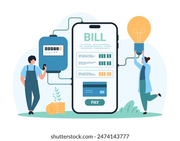 Electricity bill payment online, service in mobile app. Tiny people check electric meter readings and invoice on smartphone screen to pay for household consumption cartoon vector illustration