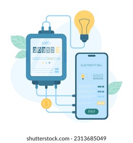 Stromrechnung online, Vektorgrafik. Cartoon Handy der Verbraucher mit digitaler App für die Zahlung von Geld für elektrische Energie, Kommunikation zwischen Smartphone, Zähler und Glühbirne