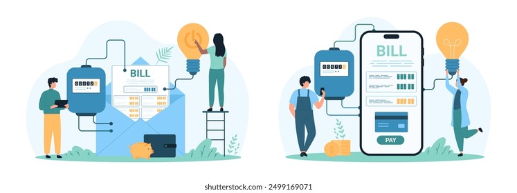 Electricity bill payment set. Tiny people check electric meter readings and invoice on smartphone screen and paper envelope to pay for electricity consumption from budget cartoon vector illustration