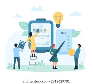 Electricity bill payment vector illustration. Cartoon tiny people manage and check electric meter readings with calculator and pen, pay cash money from family budget after paper invoice inspection