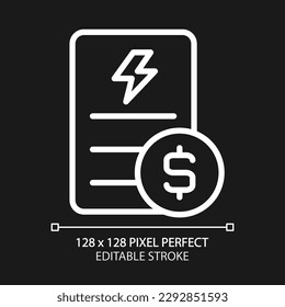 Electricity bill pixel perfect white linear icon for dark theme. Public utility service payment. Debt for utilities usage. Thin line illustration. Isolated symbol for night mode. Editable stroke