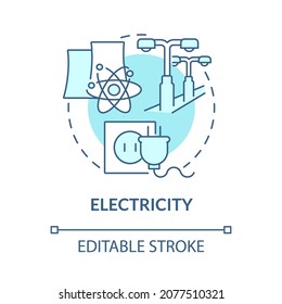 Electricity Blue Concept Icon. Nuclear Energy Usage Abstract Idea Thin Line Illustration. Nuclear Fission And Decay Heat. Renewable Energy. Vector Isolated Outline Color Drawing. Editable Stroke