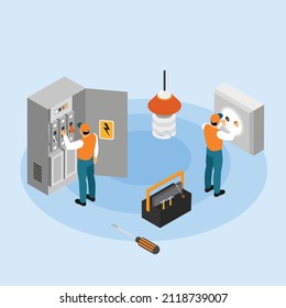 Electricity box power maintenance by technicians isometric 3d vector illustration concept banner, website, landing page, ads, flyer template