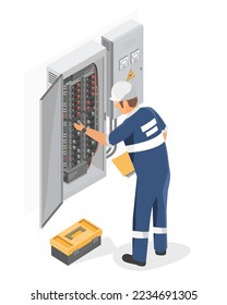 electricity box power technicians engineering checking service maintenance isometric isolated vector svg