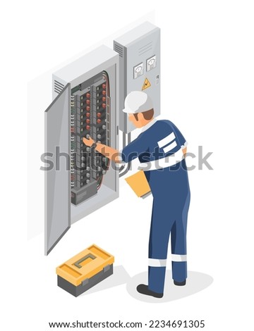 electricity box power technicians engineering checking service maintenance isometric isolated vector
