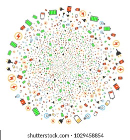 Electricity burst spheric cluster. Object pattern made from scattered electricity symbols as festive round shape. Vector illustration style is flat iconic symbols.