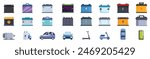 Electricity car accumulator icons set vector. A collection of battery cases, including a car battery, a motorcycle battery, and a scooter battery