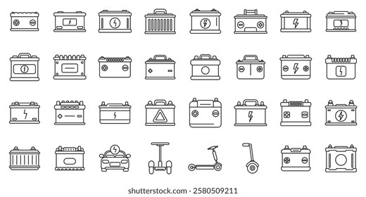  Electricity car accumulator icons set. Different types of batteries providing energy for various vehicles and electronic devices, ensuring power supply and functionality