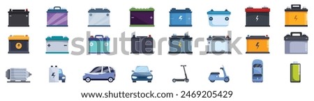 Electricity car accumulator icons set vector. A collection of battery cases, including a car battery, a motorcycle battery, and a scooter battery