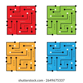 Circuito de electricidad Microesquema Abstractas Cuadrado Línea Arte Diferentes Colores. Arte vectorial de concepto de Tecnología y electrónica