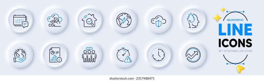 Iconos de línea de protección de electricidad, gas de Co2 y nube para aplicaciones web. Paquete de tiempo, mensaje, reportar iconos del pictograma. Salvar el planeta, auditar, señales de estrés. Atención, grupo Empleados, Inspeccionar. Vector