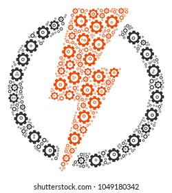Electricity collage of gear icons. Vector gearwheel components are combined into electricity illustration.