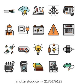 Ensemble d'icônes de ligne de couleur d'électricité. Signes pour page Web, application mobile, bouton. Barrage modifiable.