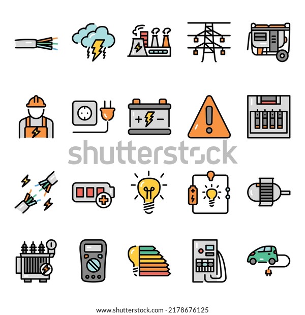 Electricity color line icons set. Signs\
for web page, mobile app, button. Editable\
stroke.
