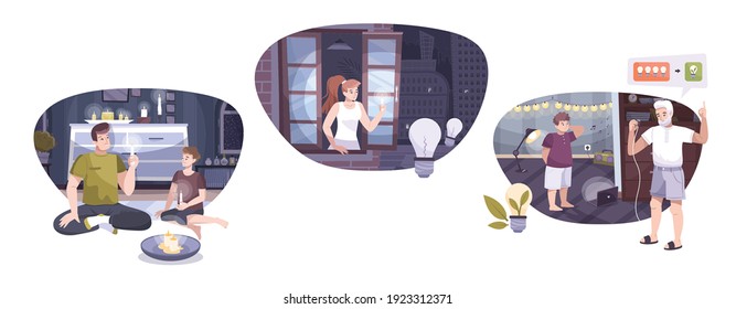 Electricity composition flat icon set with power outage situations in the city saving electricity in the apartment and candles when the lights are off vector illustration