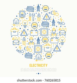 Concepto de electricidad en círculo con iconos de línea delgada: electricista, bombilla, pilón, caja de herramientas, cable, auto eléctrico, mano, batería solar. Ilustración vectorial para banner, página web, medios impresos.