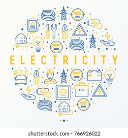 Concepto de electricidad en círculo con iconos de línea delgada: electricista, bombilla, pilón, caja de herramientas, cable, camión eléctrico, mano, batería solar. Ilustración vectorial para banner, página web, medios impresos.