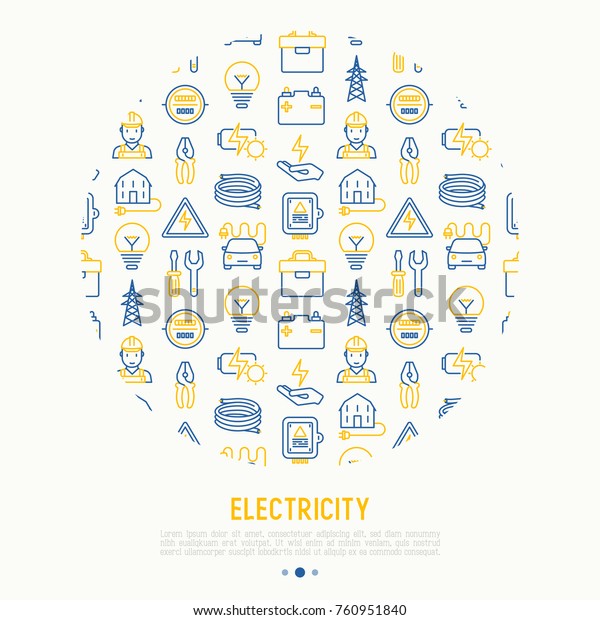 Electricity concept in circle with thin line
icons: electrician, bulb, pylon, toolbox, cable, electric car,
hand, solar battery. Vector illustration for banner, web page,
print media.