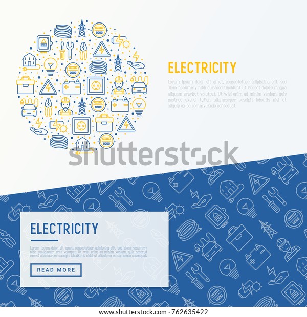 Electricity concept in circle with thin line\
icons: electrician, bulb, pylon, toolbox, cable, electric car,\
hand, solar battery. Vector illustration for banner, web page,\
print media.