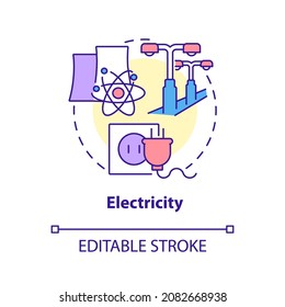 Electricity Concept Icon. Nuclear Energy Usage Abstract Idea Thin Line Illustration. Uranium Atoms Splitting. Renewable Energy Resource. Vector Isolated Outline Color Drawing. Editable Stroke