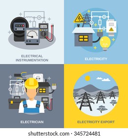 Iconos de concepto de electricidad establecidos con símbolos de exportación de electricidad ilustración de vector aislada plana 