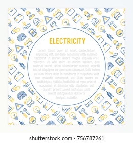 Electricity concept with thin line icons: electrician, bulb, pylon, toolbox, cable, electric car, hand, solar battery. Vector illustration for banner, web page, print media.