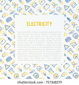 Electricity concept with thin line icons: electrician, bulb, pylon, toolbox, cable, electric car, hand, solar battery. Vector illustration for banner, web page, print media.