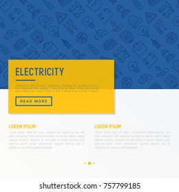 Electricity concept with thin line icons: electrician, bulb, pylon, toolbox, cable, electric car, hand, solar battery. Vector illustration for banner, web page, print media.