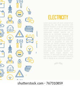 Electricity concept with thin line icons: electrician, bulb, pylon, toolbox, cable, electric car, hand, solar battery. Vector illustration for banner, web page, print media.