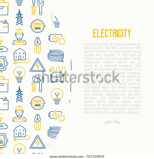 Electricity concept with
thin line icons: electrician, bulb, pylon, toolbox, cable, electric
car, hand, solar battery. Vector illustration for banner, web page,
print media.