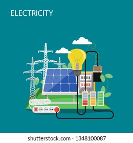 Electricity concept vector flat illustration. High voltage power lines, solar panel, light bulb, extension cord. Electric power production and consumption composition for web banner, website page etc