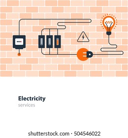 Electricity connection, electrical services and supply, energy saving. Flat design vector illustration. Electricity graphic elements