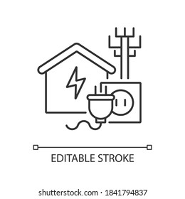 Electricity connection linear icon. Electricity repair service. Electrical power. Electrification. Thin line customizable illustration. Contour symbol. Vector isolated outline drawing. Editable stroke