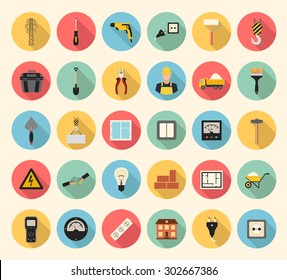 Electricity, Construction, Building, Tools And Repair Vector Flat Style Icons Set