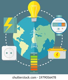 Electricity consumption on Earth. Items related to electricity around planet. Energy production and consumption, environmental impact. Battery, counter, light bulb as symbols of non-renewable energy
