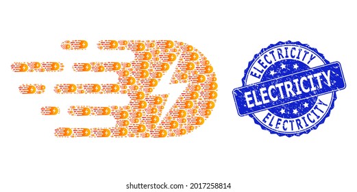 Electricidad corroída de sellado de sellos redondos y electricidad de composición recursiva vectorial. El sello azul contiene el título de electricidad dentro de forma redonda.