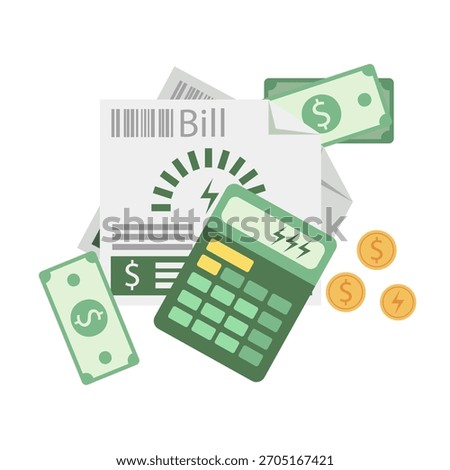 Electricity cost analysis with bills and calculator. Illustration of utility bills with a calculator and payment details. Flat style.
