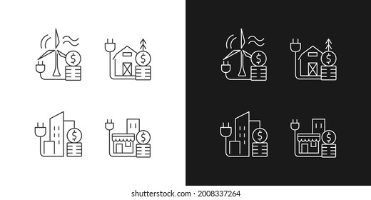 Iconos lineales de costo eléctrico para el modo oscuro y luminoso. Gasto en energía eólica. Precio de consumo de electricidad. Símbolos de línea delgada personalizables. Ilustraciones aisladas del contorno vectorial. Trazo editable