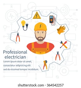 Electricity design concept. Professional electrician. Electricity service. Maintenance and repair of electrical circuits. Icons and security instrument. Flat vector illustration