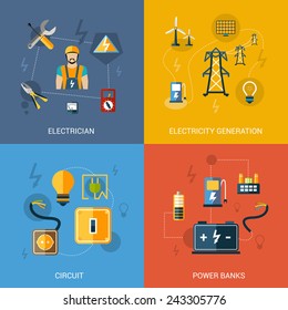 Electricity design concept set with electrician generation circuit power banks flat icons isolated vector illustration