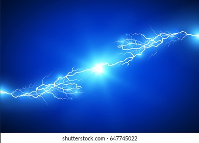 Electricity discharge. Vector illustration. Blue background.