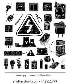 Electricity Doodle icon collection, vector illustration.black